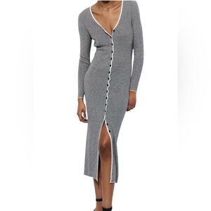 New ZARA V-neck Striped Midi Knit Dress With Contrast Buttons